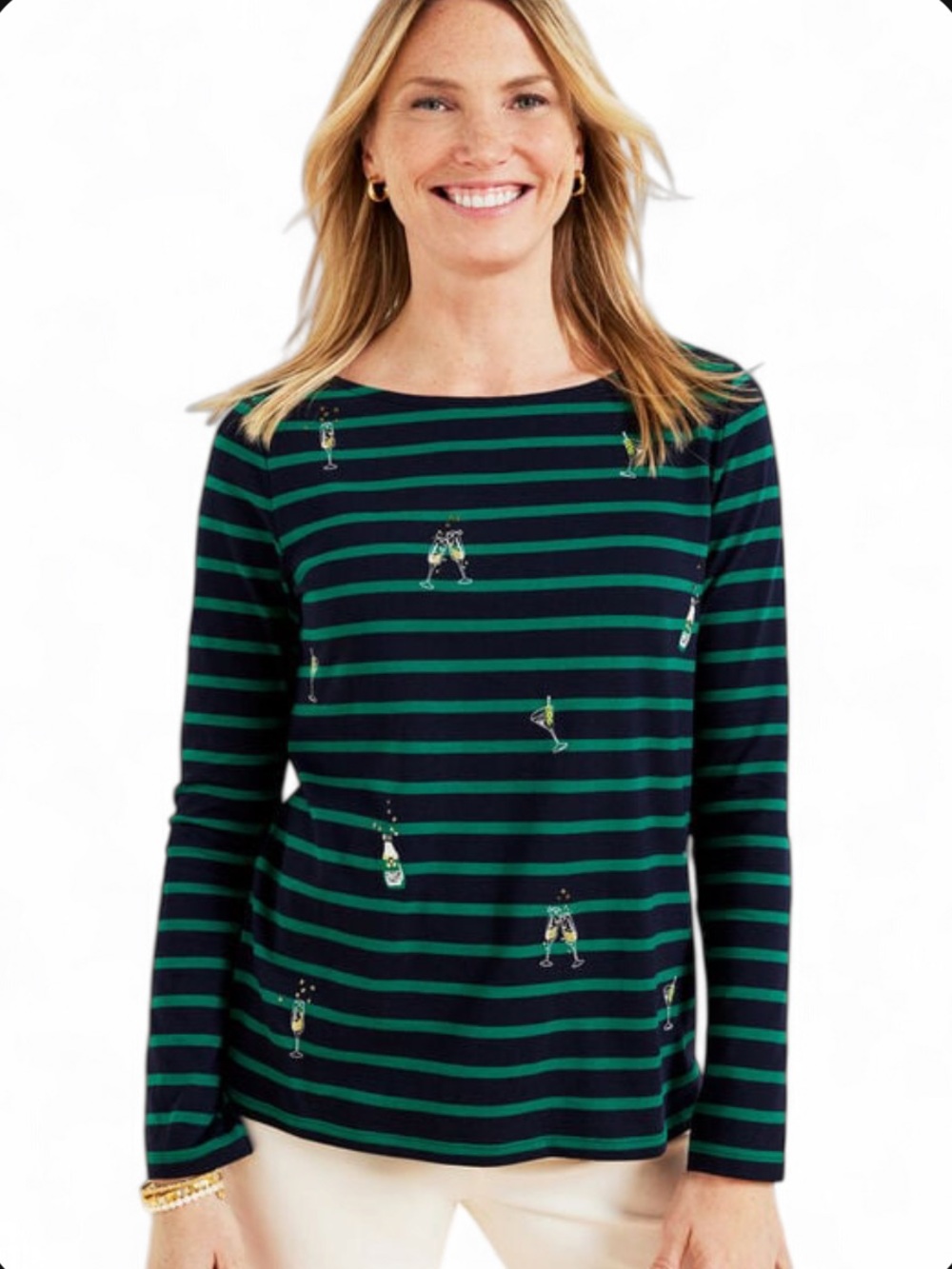 Talbots Embroidered Bateau Neck Tee Long Sleeve Cocktail Striped Holiday Preppy